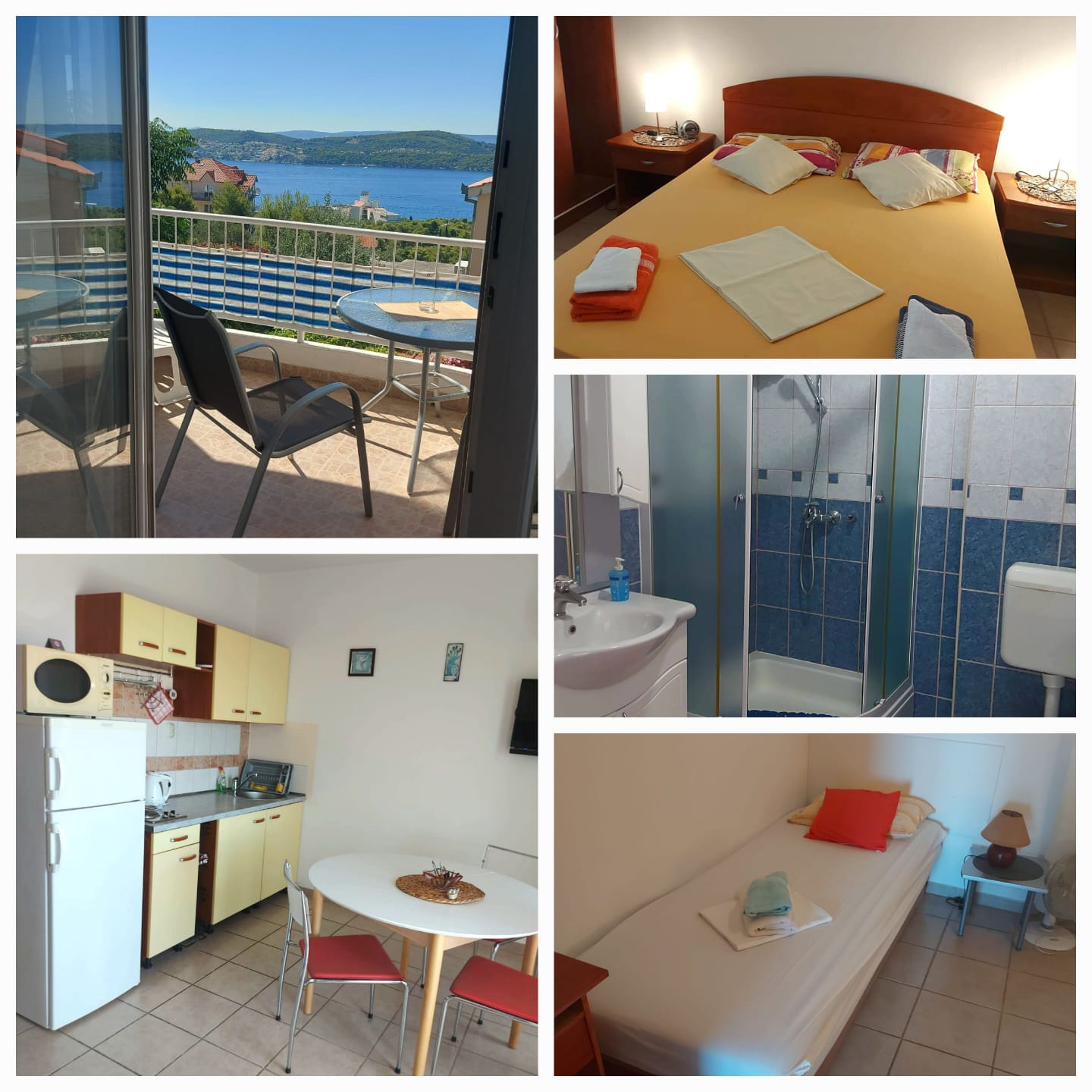 Kolaž fotografija apartmana Jasna s pogledom na more, kuhinjom, kupaonicom i sobama