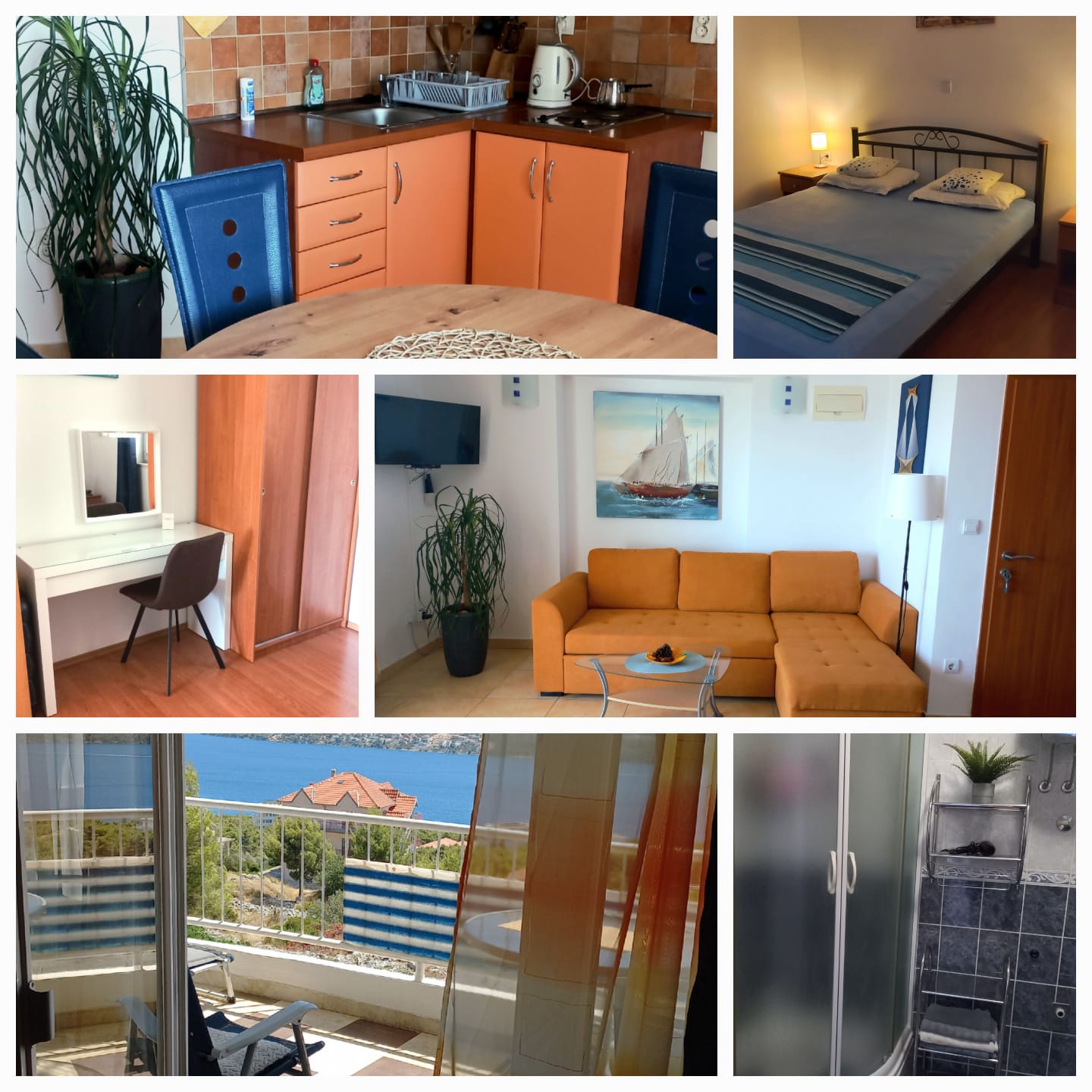 Kolaž fotografija apartmana Jasna s kuhinjom, dnevnim boravkom, spavaćom sobom, kupaonicom i balkonom