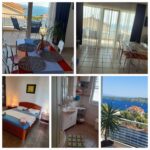 Kolaž fotografija apartmana Jasna s blagovaonicom, spavaćom sobom, kupaonicom i pogledom na more