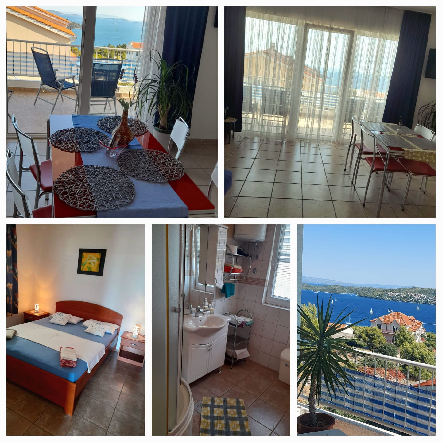 Kolaž fotografija apartmana Jasna s blagovaonicom, spavaćom sobom, kupaonicom i pogledom na more